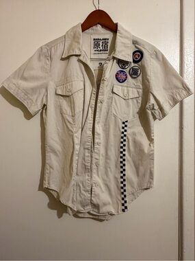 Vintage Rare Harajuku Lovers Cream/Off White Button Down Shirt with Logo Patches